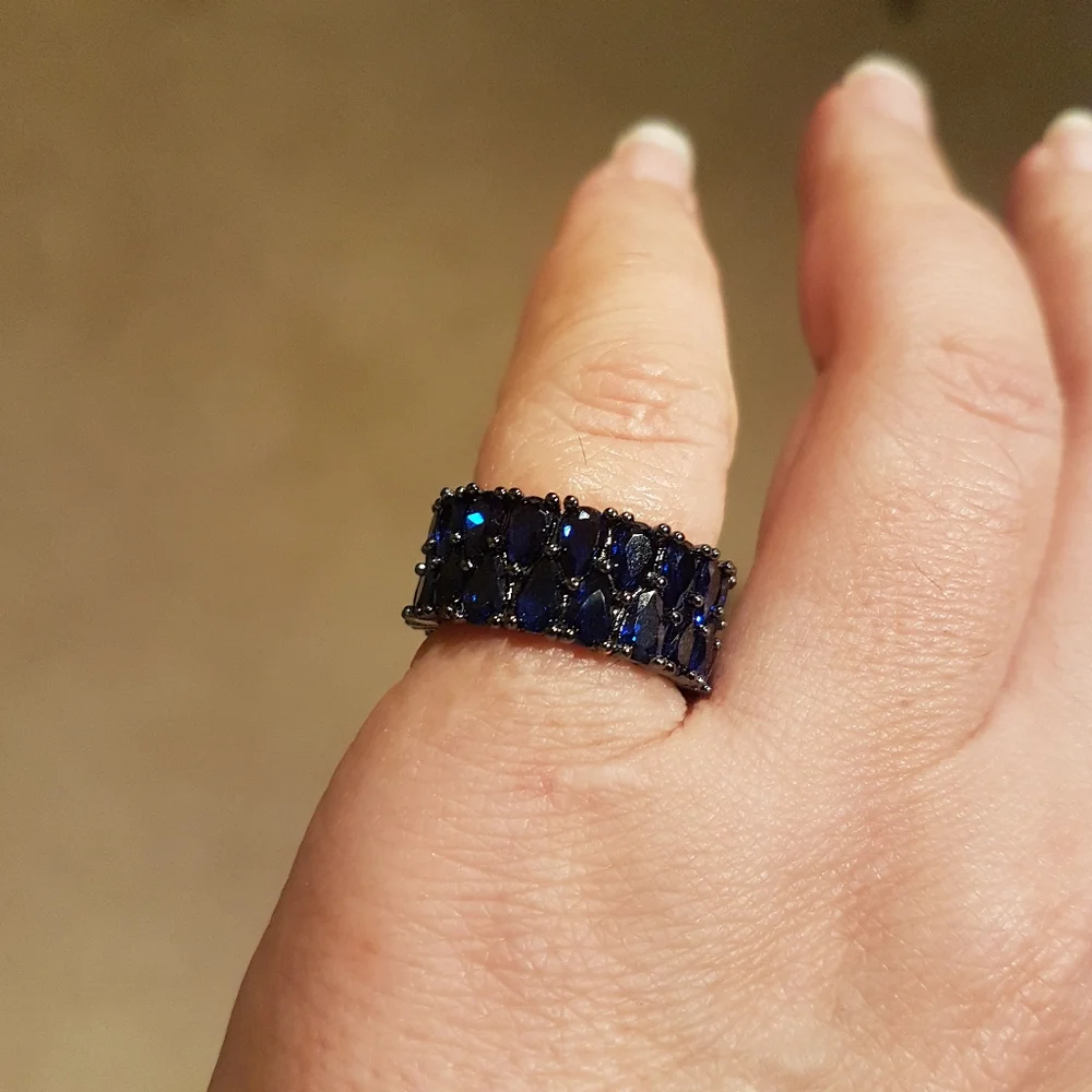 Swarovski Elements Black Finish Royal Blue Teardrop Eternity Band Ring NEW